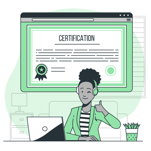 Человек с наушниками за ноутбуком, жест одобрения, сертификат на экране.