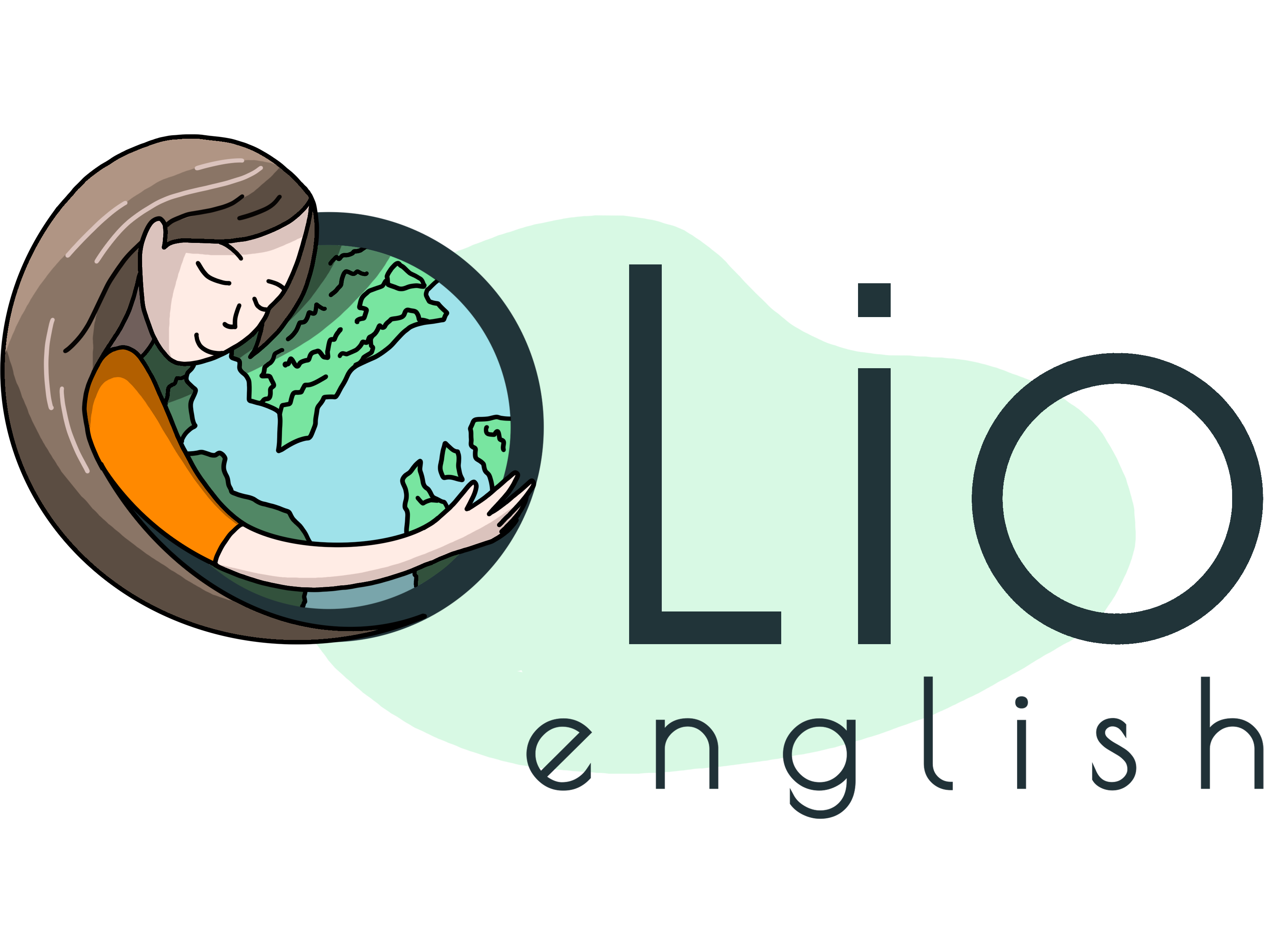 Логотип с девушкой, обнимающей земной шар, текстом "Lio" и "english" ниже.
