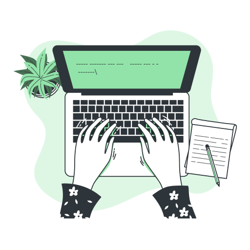 Руки печатают на ноутбуке, рядом блокнот и растение в горшке.