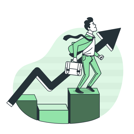 Мужчина с портфелем идет вверх по лестнице на фоне графика роста с направленной вверх стрелкой.